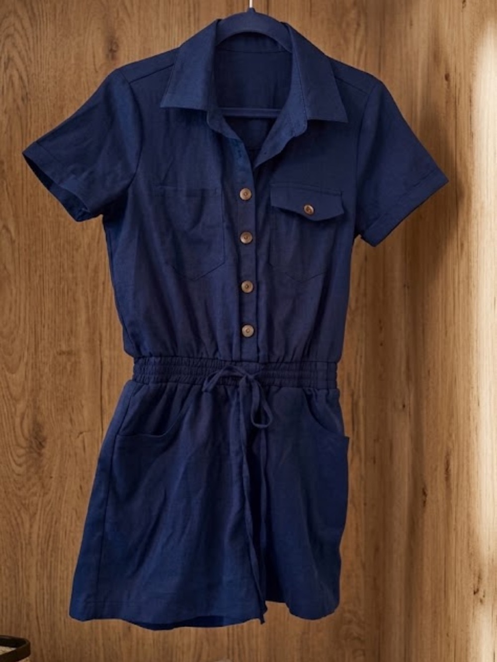 Navy Short-Sleeve Utility Romper Dress with Drawstring Waist